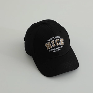 Detail of the high-quality black cotton twill kids baseball cap with NICE embroidery