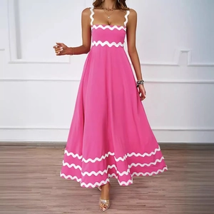 Elegant rose pink summer maxi dress with white wave trim and sleeveless spaghetti straps