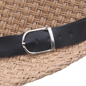 Straw fedora hat for men and women with black faux leather strap and metal buckle detail