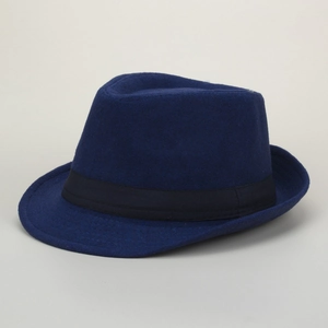Detailed view of a classic blue woolen fedora hat with a stylish black decorative ribbon