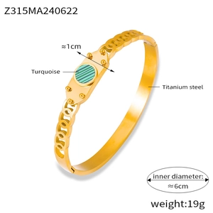 Detail view of 1cm wide gold-plated titanium steel bracelet with turquoise inlay dimensions
