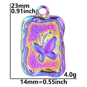 Macro detail of rainbow stainless steel butterfly pendant with dimensions and weight info