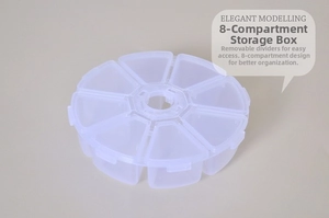 Detail view of round 8-slot clear plastic storage box with removable dividers for jewelry