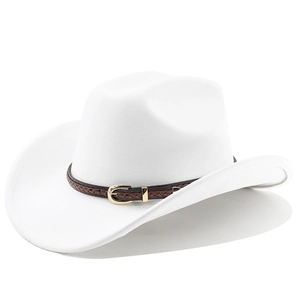 Detail of white wide-brim western hat featuring dark brown braided leather and gold buckle