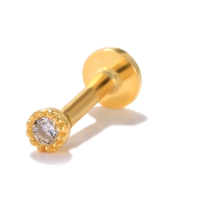 Macro detail of S925 silver labret stud with golden plating and round diamond crown inlay