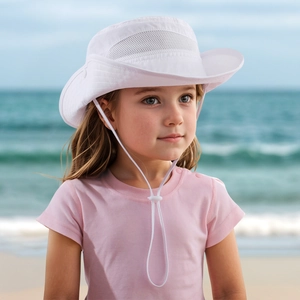 Detail of white breathable mesh panel and adjustable chin strap on a children sun hat