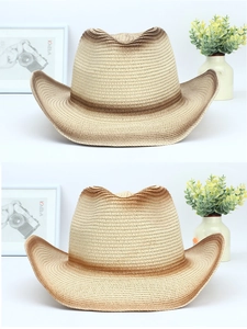 Detail eines farbverlaufenden braunen Cowboyhuts aus Stroh mit breiter Krempe