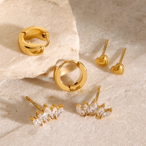 Three-piece gold-plated stainless steel earring set with heart and zircon crown studs