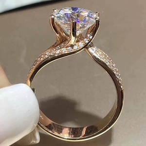 Classic six-prong rose gold engagement ring with round AAA zircon and pavé crystal band