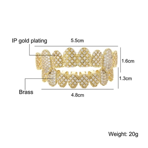 Hip hop gold plated brass grillz set with sparkling iced out clear diamonds