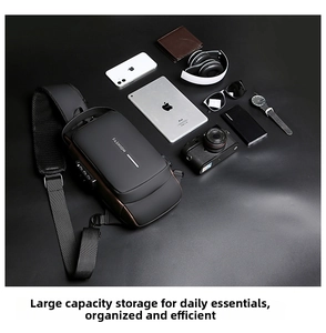 Detail of black crossbody bag with TSA lock and large capacity for digital devices
