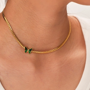 Vintage French Green Butterfly Pendant Necklace 18K Gold Plated Stainless Steel Cuban Chain Jewelry For Women