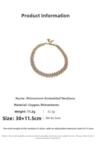 Detailed spec view of a gold rhinestone choker necklace with sizing and weight info