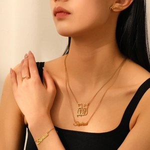 Collier Bracelet Bague Boucles D Oreilles En Acier Titane Plaqué Or 18K Coeur Chat Lettre Bijoux Pour Femmes Élégant Mode