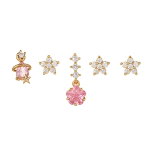 Detailed set of five gold-tone stud earrings with pink zirconia stars and planets