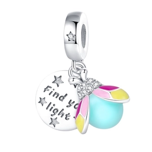 Luminous firefly pendant charm in silver with pink enamel and Find Your Light engraving