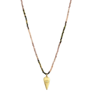 Detail view of Bohemian tourmaline stone beaded necklace with a golden evil eye heart pendant