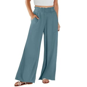 Pantaloni larghi in lino a vita alta da donna blu grigio con coulisse ed elastico