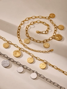 Detail of Elizabeth II coin pendants and S.Steel hallmark on chunky link chain necklace