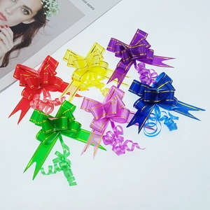 Detailed set of 18mm colorful gift pull bows with gold trim for festive packaging