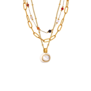 Gold Plated Titanium Steel Necklace With Natural Stone Mother Of Artificial Pearl Malachite Bead Layered Paperclip Chain Women
