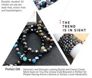 Detail of natural tiger eye stone and hematite beaded bracelets with adjustable woven cord