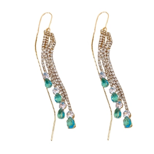 Elegant gold earrings featuring long zircon tassels with green water-drop gemstones
