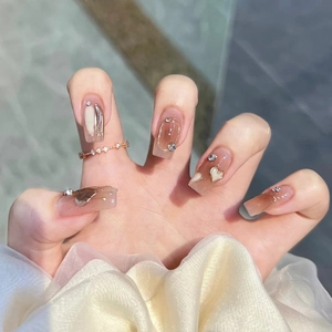 Handmade Press On Nails With Cream Heart And Rhinestone Caramel Amber Gradient Coffin Fake Nails For Women