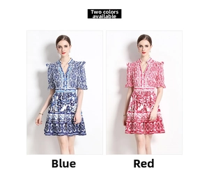 Detail view of V-neck flared sleeve dresses with blue and red porcelain tile prints