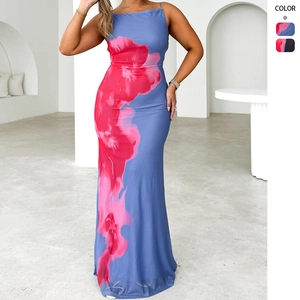 Robe Maxi Imprimé Fleuri Bretelles Spaghetti Coupe Ajustée Dos Nu Été Sexy Couleur Contrastée Polyester Femme