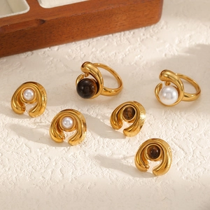 Gold Plated Stainless Steel Ring And Earrings With Tiger Eye Stone Artificial Pearl Niche Design For Women Vintage Ins Style