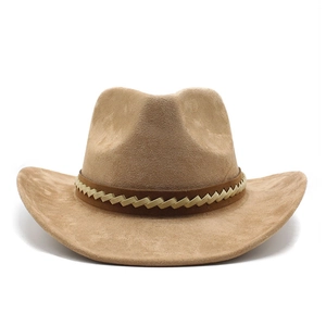 Close-up of khaki suede cowboy hat featuring a brown leather braided decorative band