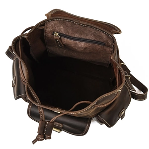 Top view of retro brown crazy horse leather backpack with spacious inner storage