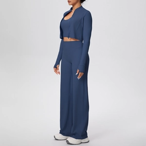 Ensemble de yoga 3 pièces bleu marine avec veste zippée, haut court et pantalon large