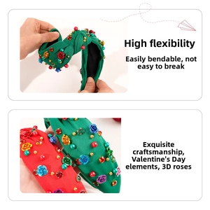 Detail of high-elastic headband with 3D fabric roses and rhinestones showing flexibility