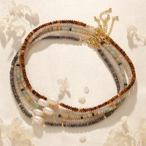 Tiger eye and pearl beaded necklace with elegant bohemian multi-layer natural stone design