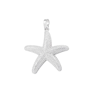 Macro detail of a silver starfish pendant with textured surface and bail for DIY jewelry