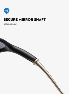Detail of secure mirror shaft with matte black frame and light gold metal temple