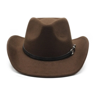 Detail of dark brown wool cowboy hat featuring a black leather band and silver buckle