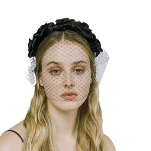 Vintage camellia headband with black mesh veil and sparkling crystals for party events