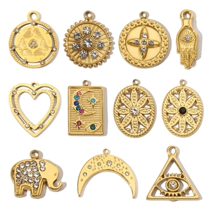 Stainless Steel Rhinestone Pendants Geometric Eye Heart Elephant Charms For DIY Jewelry Making Retro Bohemian Style Women