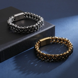 Bracelet pour homme en cuir tressé et acier inoxydable avec fermoir magnétique
