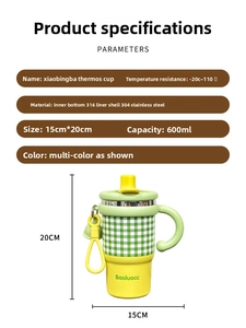 Specifications of 600ml plaid insulated coffee cup with 316 stainless steel liner and handle