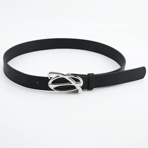 Classic slim black leather belt for women with silver metal buckle on white background