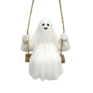 Ghost on a swing garden ornament made of resin with hemp rope for Halloween decor