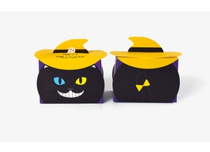 Detail of Halloween black cat gift box with witch hat and Happy Halloween text