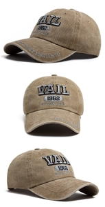 Detailed views of vintage washed cotton baseball cap with Vail 1962 embroidery