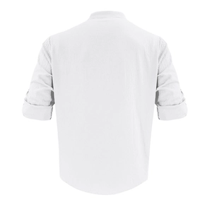 Vue arrière d'une chemise Henley blanche en lin et coton pour homme avec col officier et manches