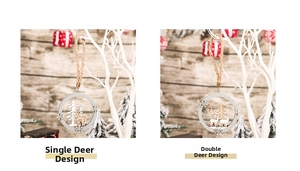 Detail of laser-cut wooden Christmas ornaments with reindeer and tree motifs