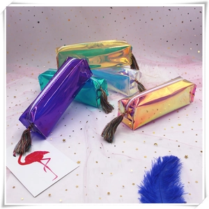 Holographic laser pencil cases in multiple colors with metallic zipper and tassel charm